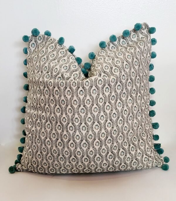 Cushion Cover - Turquoise Pom Pom 100% cotton