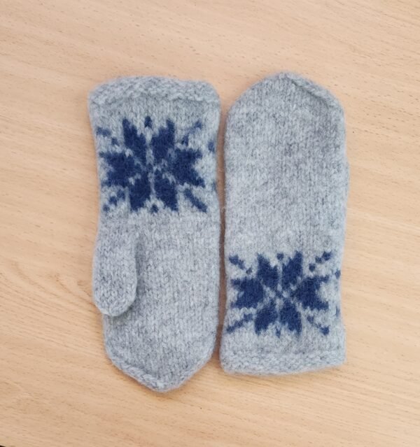 Woollen Mittens - Hand Knitted Light Grey with Navy Snowflake