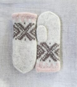 Norwegian Woollen Mittens Hand Knitted Ivory Brown Pink