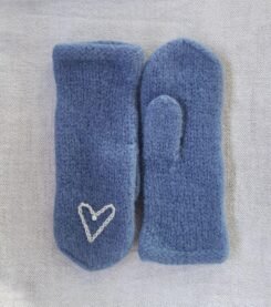 Woollen Mittens Denim Blue with Heart & Pearl
