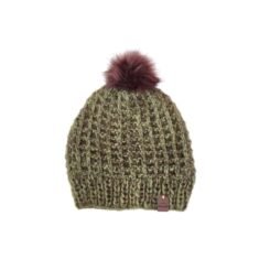 Norwegian Wool Beanie Hand Knitted Olive With Brown Faux Fur Pom Pom