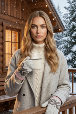 Alternative view of Norwegian Woollen Mittens Hand Knitted Ivory Brown Pink