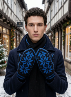 Alternative view of Setesdal Votter Hand Knitted Wool Mittens in Cornflour Blue & Black