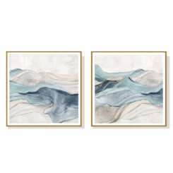 Wall Art 70cmx70cm Blue Mountain 2 Set Gold Frame Canvas