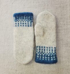 Woollen Mittens Hand Knitted Wool Light Grey & Blue