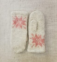 Norwegian Woollen Mittens Hand Knitted Light Grey Pink Snowflake